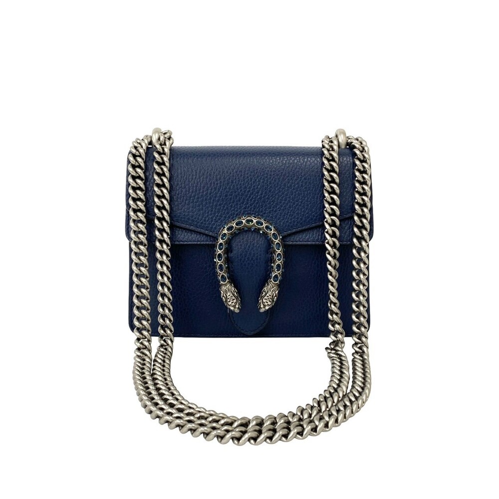 GUCCI Dionysus Rhinestone Hardware Leather Chain Shoulder Bag Navy 80161